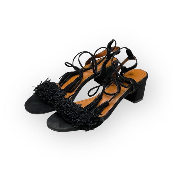 Fringe Block Heel Ankle Strap Sandals ꧁ Black Suede ꧁ 9.5M 260 ꧁ Leather Sole ꧂ - Picture 8 of 16